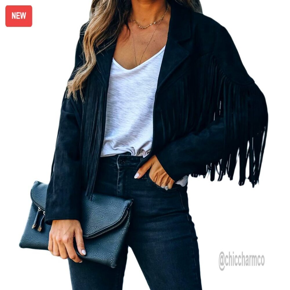 Faux Suede Cropped Jacket Western Fringe Tassel Motorcycle Chic Retro Style